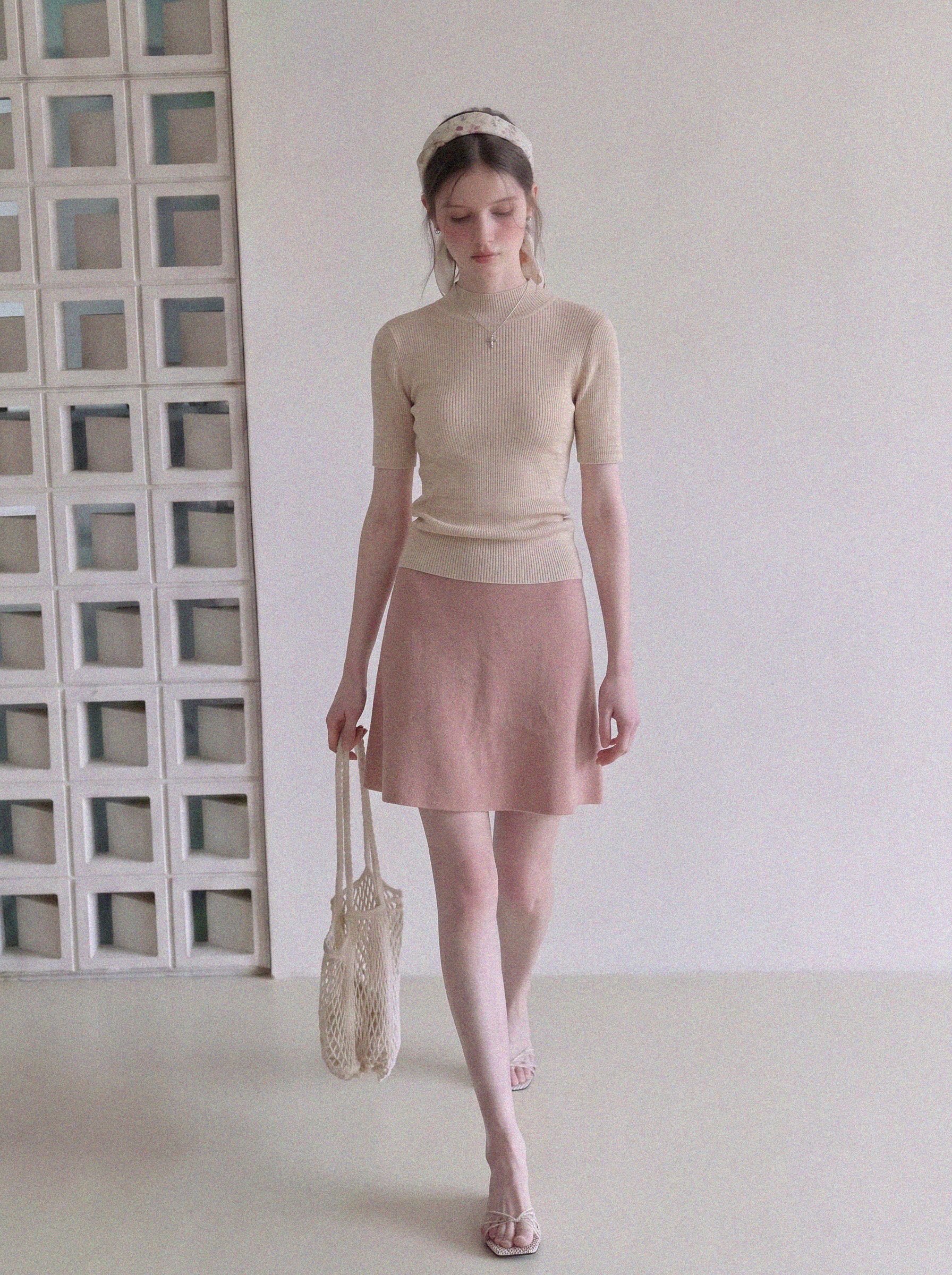 Women's French Style Two-Piece Knit Set with Half-High Neck Short Sleeve Top - Image 3