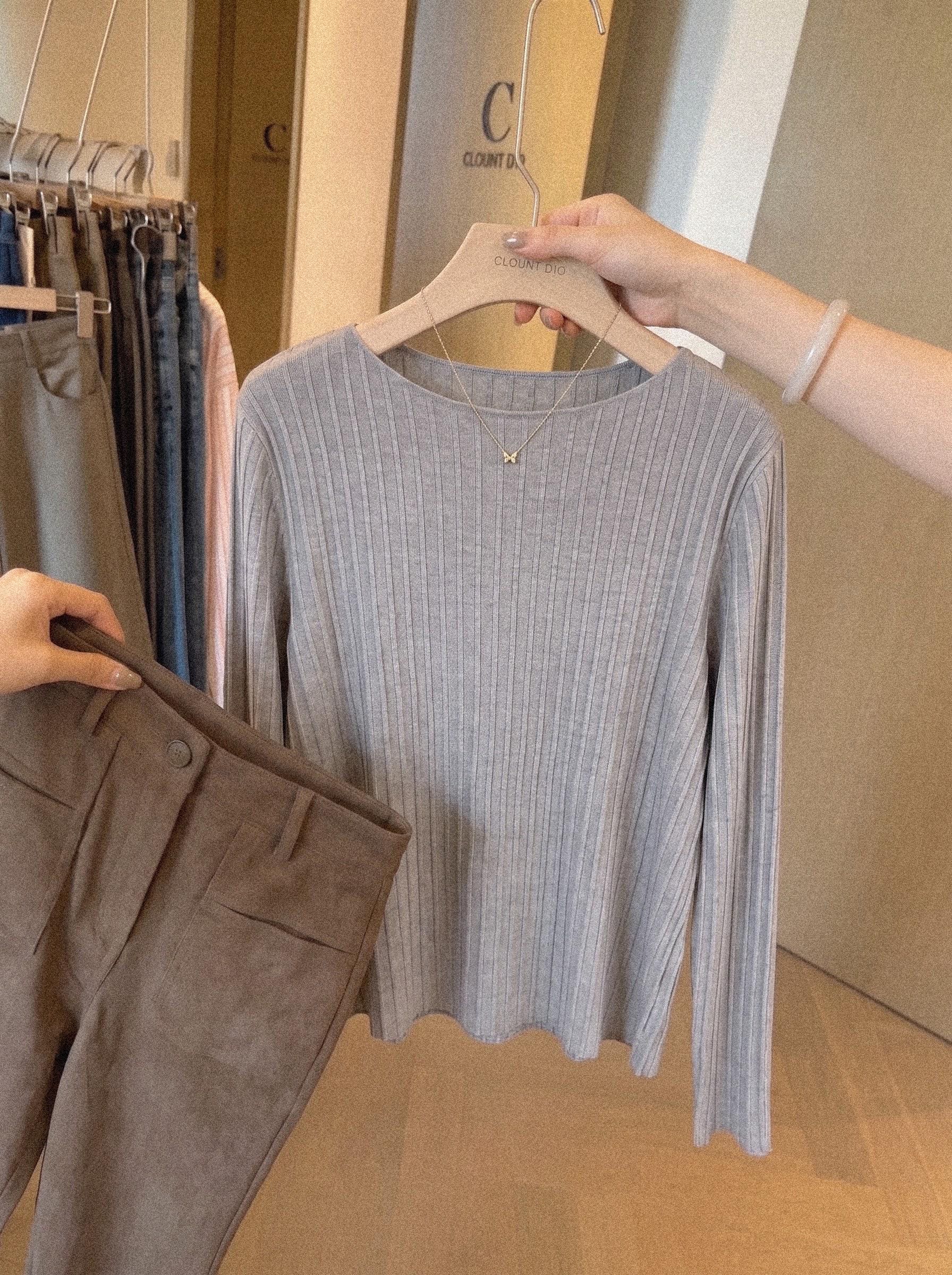 High-End Korean Early Autumn Women's Gray Long-Sleeve Egg Sun Protection T-Shirt Cover-Up Sheer Knit Top