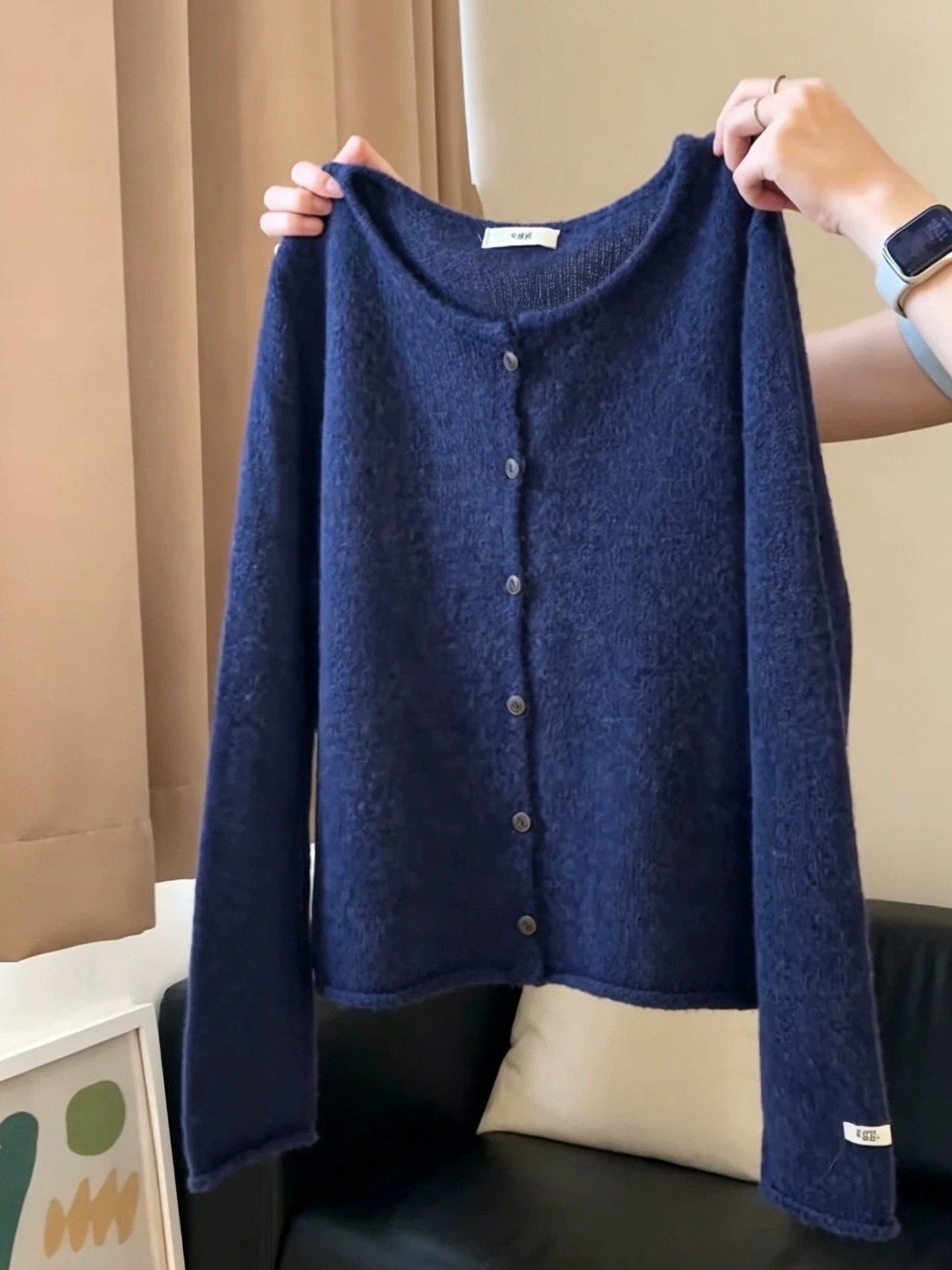 Navy Button Knit Top Women 2026 Fall Loose Crew Neck Long Sleeve Airy Versatile Sweater - Image 2