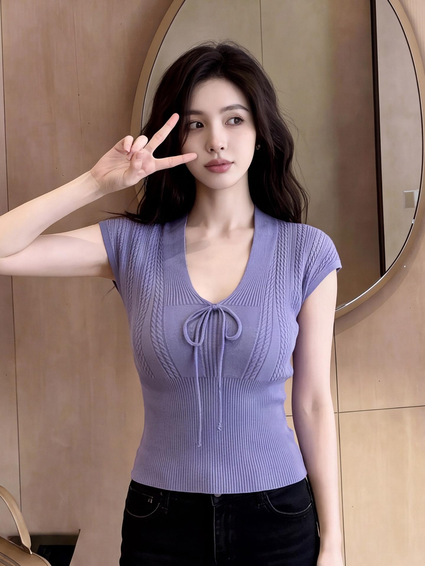 Summer New Purple V-Neck Short Sleeve Knit Top for Women - Image 4