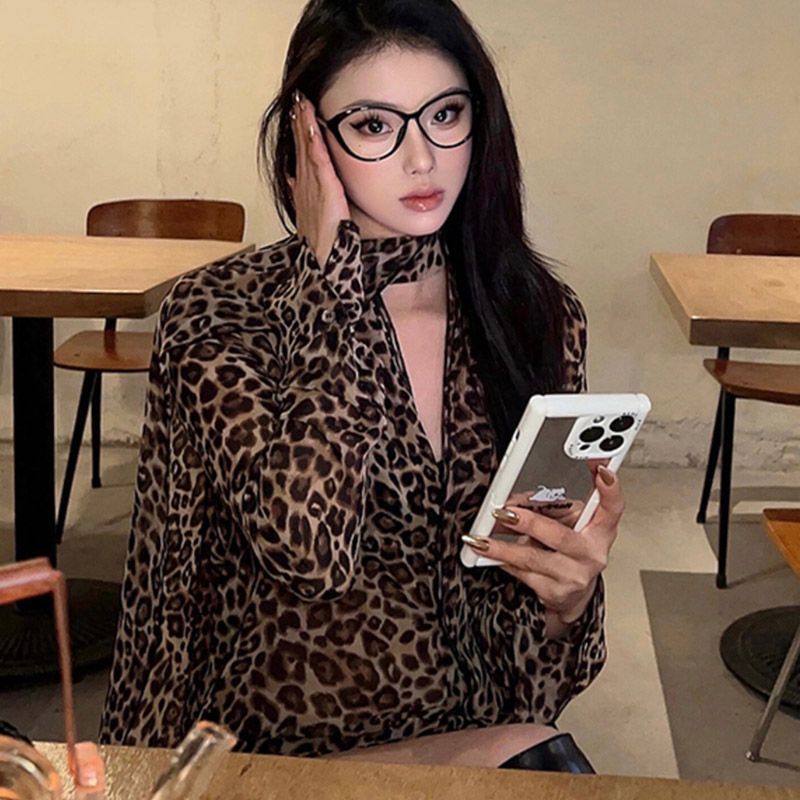 Leopard Print V-Neck Long Sleeve Chiffon Shirt Women's Slim Waist Mid-Length Blouse - Image 2