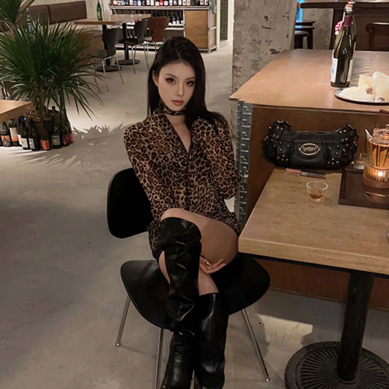 Leopard Print V-Neck Long Sleeve Chiffon Shirt Women's Slim Waist Mid-Length Blouse
