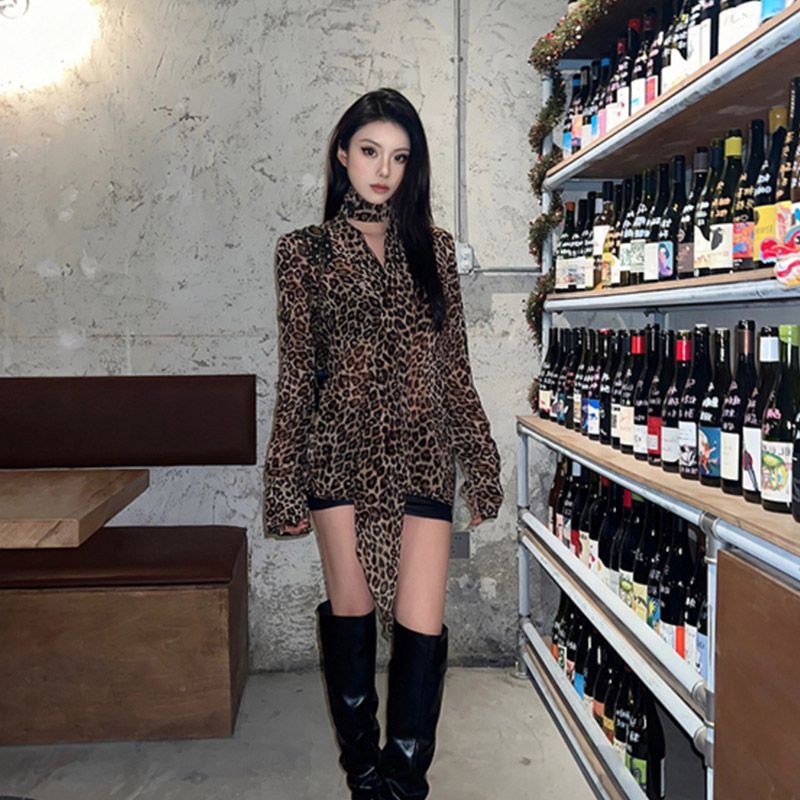 Leopard Print V-Neck Long Sleeve Chiffon Shirt Women's Slim Waist Mid-Length Blouse - Image 3