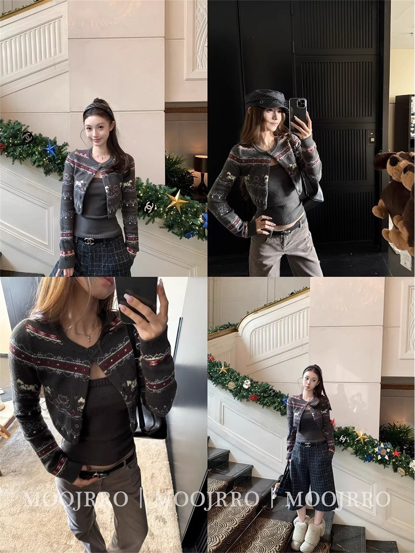 Gray Fair Isle Sweater Cardigan Women's Autumn Knit Two-Piece Set with Cami Top