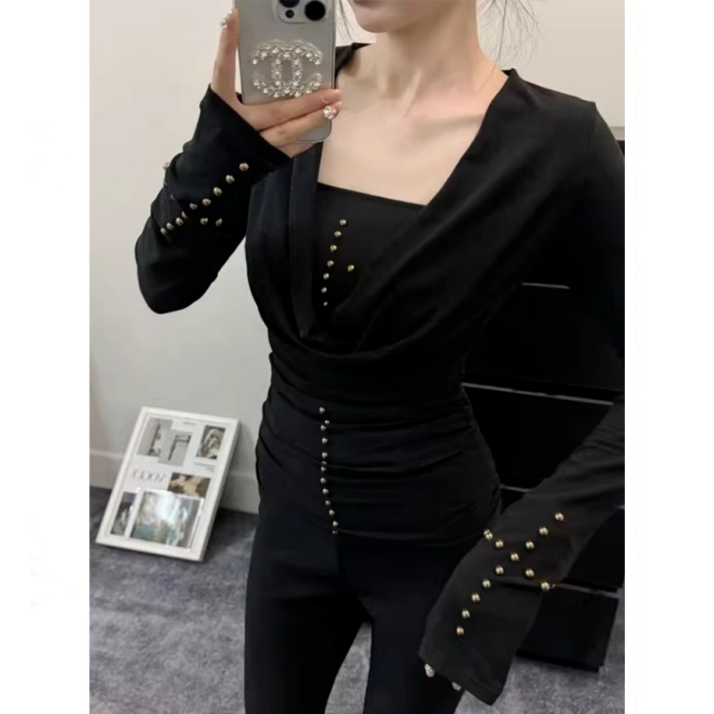 Black Two-Piece Top Set for Women Autumn Winter Elegant Slim Fit - Image 3